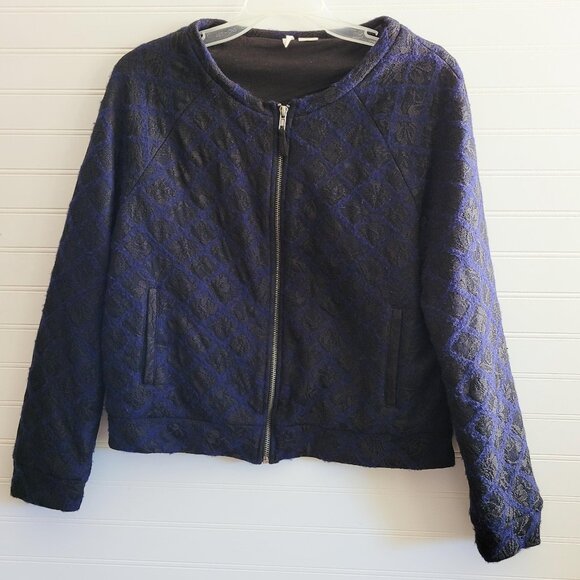 Anthropologie Moth Bomber Jacket Womens Small Blue and Black Lace Zip Up Pockets - Picture 1 of 11